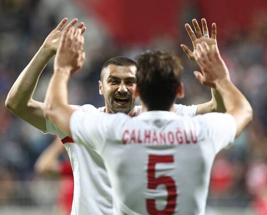 Friendly match between Turkey ( White ) and Bulgaria ( Red )at Recep Tayyip Erdogan Stadium in Istanbul on June 08,2015. Final Score: Turkey 4 - Bulgaria 0 Pictured: Burak Yilmaz and Hakan Calhanoglu of Turkey . 