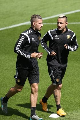 - BRUSSELS, BELGIUM: Belgium s Toby Alderweireld and Belgium s Radja Nainggolan pictured during a training session of the Belgian national soccer team The Red Devils in Brussels, Tuesday 09 June 2015. The Devils are preparing for a Euro 2016 qualification game against Wales. BRUNOxFAHY  x04639525x