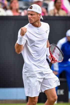- ROSMALEN, NETHERLANDS: Australian Lleyton Hewitt celebrates during a first round game between between Australian Lleyton Hewitt and French Nicolas Mahut during the Topshelf Open ATP Tennis Herren tennis tournament in Rosmalen, the Netherlands, Tuesday 09 June 2015. LUCxCLAESSEN  x04639585x