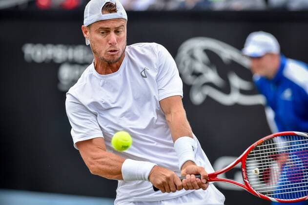 - ROSMALEN, NETHERLANDS: Australian Lleyton Hewitt pictured in action during a first round game between between Australian Lleyton Hewitt and French Nicolas Mahut during the Topshelf Open ATP Tennis Herren tennis tournament in Rosmalen, the Netherlands, Tuesday 09 June 2015. LUCxCLAESSEN  x04639587x