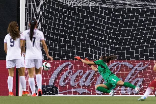 June 09, 2015 : Spain forward Vicky Losada 14 (not pictured) scores a goal against Costa Rica goalkeeper Dinnia Diaz 1 during the 2015 FIFA Women s World Cup Group E match between Spain and Costa Rica at the Olympic Stadium in Montreal, Quebec, Canada. SOCCER: JUN 09 FIFA Women s World Cup - Group E - Spain v Costa Rica Icon15060901 EDITORIAL USE ONLY