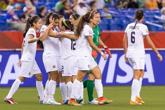 June 09, 2015 : Costa Rica defender Lixy Rodriguez 12 congratulates Costa Rica forward Raquel Rodriguez Cedeno 11 during the 2015 FIFA Women s World Cup Group E match between Spain and Costa Rica at the Olympic Stadium in Montreal, Quebec, Canada. SOCCER: JUN 09 FIFA Women s World Cup - Group E - Spain v Costa Rica Icon15060904 EDITORIAL USE ONLY