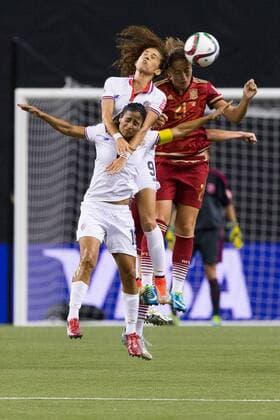 June 09, 2015 : Costa Rica forward Carolina Venegas 9, teammate midfielder Shirley Cruz 10 and Spain midfielder Alexia Putellas 21 fight for the ball during the 2015 FIFA Women s World Cup Group E match between Spain and Costa Rica at the Olympic Stadium in Montreal, Quebec, Canada. SOCCER: JUN 09 FIFA Women s World Cup - Group E - Spain v Costa Rica Icon15060921 EDITORIAL USE ONLY