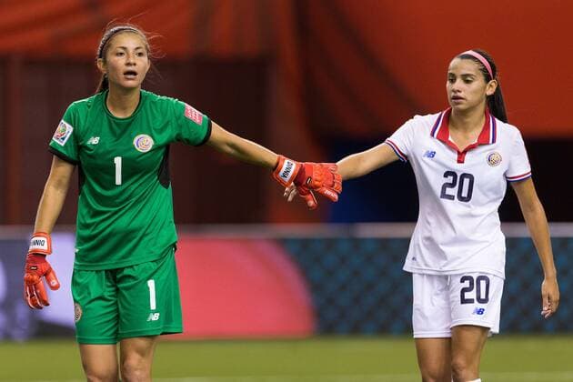 June 09, 2015 : Costa Rica forward Wendy Acosta 20 congratulates teammate goalkeeper Dinnia Diaz 1 during the 2015 FIFA Women s World Cup Group E match between Spain and Costa Rica at the Olympic Stadium in Montreal, Quebec, Canada. SOCCER: JUN 09 FIFA Women s World Cup - Group E - Spain v Costa Rica Icon15060925 EDITORIAL USE ONLY