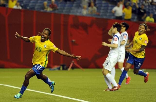 MONTREAL, June 9, 2015 -- Formiga (L) of Brazil celebrates for scoring during the group E match against South Korea at the 2015 FIFA Women s World Cup in Montreal, Canada, on June 9, 2015. Brazil won 2-0. ) (SP)CANADA-MONTREAL-FIFA WOMEN S WORLD CUP-BRAZIL VS SOUTH KOREA KadrixMohamed 