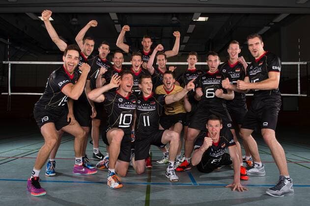 24.05.2015, Sportzentrum Westenfeld, Bochum Volleyball, Fotoshooting Nationalmannschaft Maenner Team Deutschland Feature Jubel