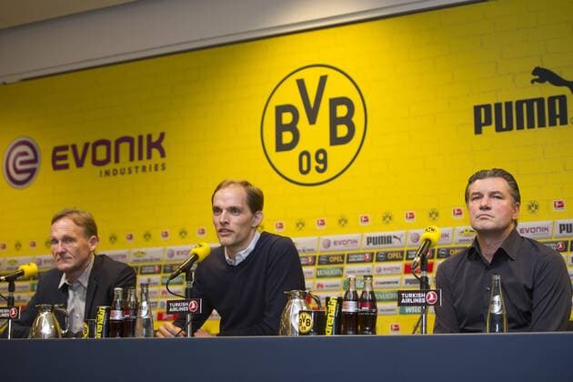 von links: Hans-Joachim WATZKE, Geschaeftsfuehrer Borussia Dortmund, Trainer Thomas TUCHEL, Sportdirektor Michael ZORC, Vorstellung von Thomas TUCHEL als neuer Trainer von Borussia Dortmund, Fussball 1. Bundesliga, am 03.06.2015 in Dortmund Deutschland. Â
