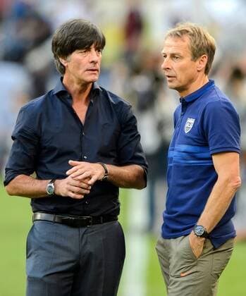 10. Juni 2015: Koeln, Fussball Testspiel: Deutschland - USA: Trainer Juergen Klinsmann (USA) mit Bundestrainer Joachim Loew .