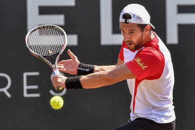- ROSMALEN, NETHERLANDS: Austrian Jurgen Melzer pictured in action during a second round game between Belgian David Goffin and Austrian Jurgen Melzer during the Topshelf Open WTA Tennis Damen tennis tournament in Rosmalen, the Netherlands, Thursday 11 June 2015. LUCxCLAESSEN  x04640698x