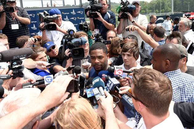 June 11, 2015 - Foxborough, Massachusetts, U.S. - New England Patriots corner back Malcolm Butler (21) is interviewed by media at the organized team activities held on the practice fields at Gillette Stadium in Foxborough Massachusetts. Eric Canha CSM NFL American Football Herren USA 2015: Patriots OTA JUN 11 - ZUMAc04_