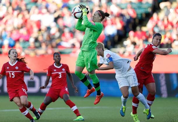 EDMONTON, June 11, 2015 -- Erin McLeod, goalie of Canada(C) saves during the Group A match between Canada and New Zealand at Commonwealth Stadium in Edmonton, Canada on June 11, 2015. The match ended with a 0-0 draw. ) (SP)CANADA-EDMONTON-FIFA WOMEN S WORLD CUP-CAN VS NZL WangxLili 
