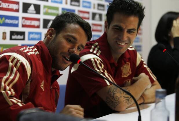 Spain s national team Nationalteam training session in Leon. In this picture, Juan Bernat and Cesc Fabregas attend press conference PK Pressekonferenz xPABLOGARCIAx 