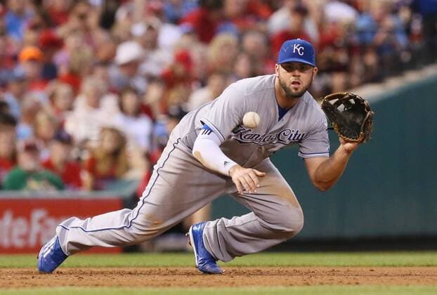 June 12, 2015 - St Louis, MO, USA - Kansas City Royals third baseman Mike Moustakas fields a ground ball off the bat of the St. Louis Cardinals Randal Grichuk in the fourth inning on Friday, June 12, 2015, at Busch Stadium in St. Louis. Kansas City at St. Louis - ZUMAm67_