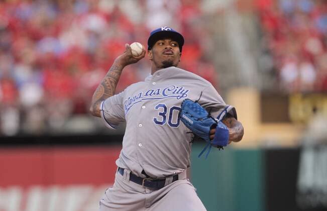 Kansas City Royals starting pitcher Yordano Ventura delivers a pitch to the St. Louis Cardinals in the second inning inning at Busch Stadium in St. Louis on June 12, 2015.  SLP2015061205 BILLxGREENBLATT