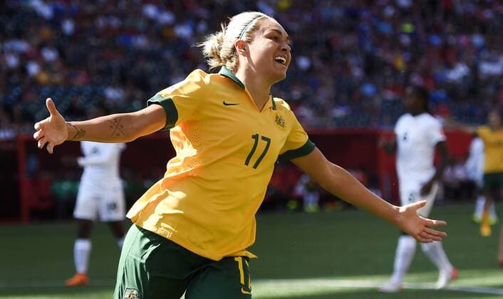 June 12, 2015 - Winnipeg, Canada- Australian KYAH SIMON celebrates after a goal during the group D match at the 2015 FIFA Women s World Cup between Australia and Nigeria at Winnipeg Stadium. Soccer 2015 - Women s World Cup - Australia Beat Nigeria 2-0  - ZUMAb138