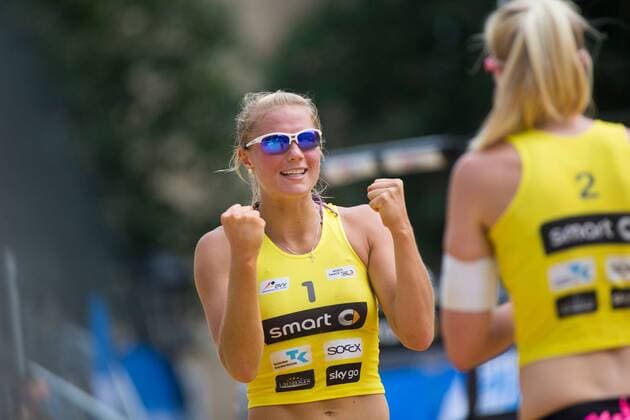 14.06.2015, xfrx, Beachvolleyball, smart beach cup Jena, v.l. Kim Behrens (USC Muenster),Jenny Heinemann (Koepenicker SC)