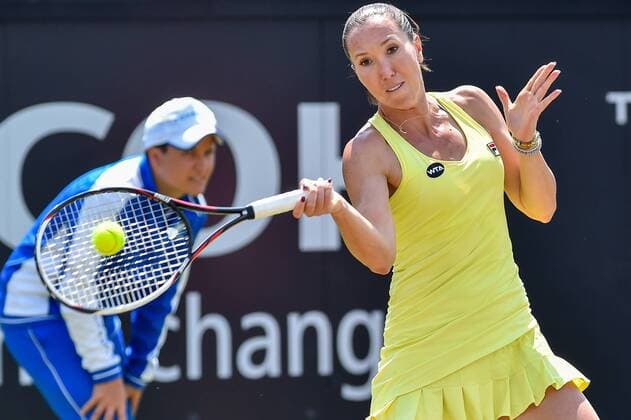- ROSMALEN, NETHERLANDS: Serbian Jelena Jankovic pictured in action during a semi final game between between Swiss Belinda Bencic and Serbian Jelena Jankovic during the Topshelf Open WTA Tennis Damen tennis tournament in Rosmalen, the Netherlands, Saturday 13 June 2015. LUCxCLAESSEN  x04641973x