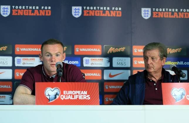 England s Wayne Rooney and Roy Hodgson during the press conference PK Pressekonferenz England Training & Press Conference- Stozice Stadium - Slovenia - 13th June 2015 - Picture David Klein Sportimage EDITORIAL USE ONLY. No use with unauthorised audio, video, data, fixture lists, club league logos or live services. Online in-match use limited to 120 images, no video emulation. No use in betting, games or single club league player publications.