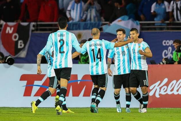 Argentina vs Paraguay LA SERENA, CHILE - 13 06 2015: ARGENTINA X PARAGUAY - Sergio Kun Aguero and Messi celebrate goal during the match between Argentina and Paraguay in La Portada Stadium in La Serena, Chile, Group B (Photo: Carlos Ezequiel Vannoni FotoArena)  CarlosxEzequielxVannoni