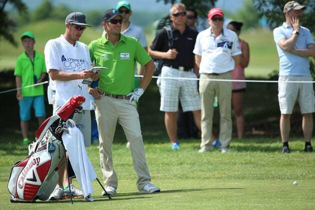 GOLF - Lyoness Open 2015 ATZENBRUGG,AUSTRIA,14.JUN.15 - GOLF - PGA Golf Herren European Tour, Lyoness Open, Diamond Country Club. Image shows Florian Praegant (AUT) and caddy. GEPAxpictures xDanielxGoetzhaber