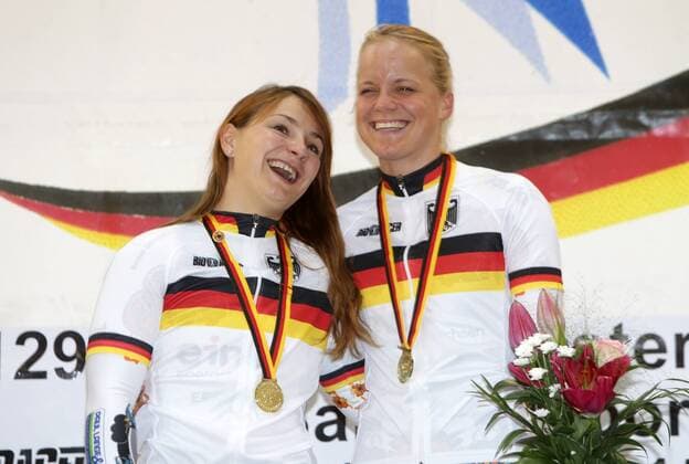 129. Deutsche Meisterschaften Bahnradsport 2015 vom 10.-14.06.2015 im Velodrom Berlin, letzter Wettkampftag am 14.06.2015, xmdx, Teamsprint Frauen Deutscher Meister LV Thueringen mit Kristina Vogel (Team Erdgas.2012) und Gudrun Stock (RSC Turbine Erfurt) , gold 129. Deutsche Meisterschaften Bahnradsport 2015