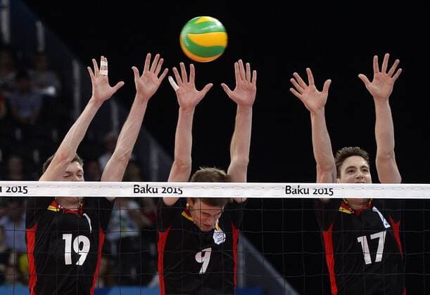 - BAKU, AZERBAIJAN: Belgium s Jolan Cox, Belgium s Dries Heyrman and Belgium s Tomas Rousseaux pictured in action during a volleyball game between Belgium and Bulgaria in Pool B of the volleyball tournament at the European Games 2015, in Baku, Azerbaijan, Sunday 14 June 2015. The European Games 2015 multi event takes place from 12 to 28 June. ERICxLALMAND  x04642473x