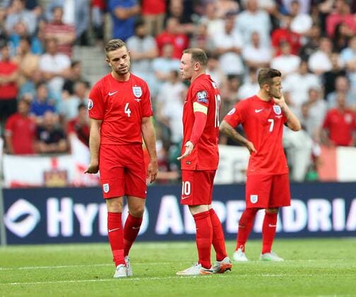 England s Wayne Rooney and Jordan Henderson look on dejected after Slovenia s opening goal Slovenia v England - World Cup 2018 Qualifier- Stozice Stadium - Slovenia - 14th June 2015 - Picture David Klein Sportimage EDITORIAL USE ONLY. No use with unauthorised audio, video, data, fixture lists, club league logos or live services. Online in-match use limited to 120 images, no video emulation. No use in betting, games or single club league player publications.