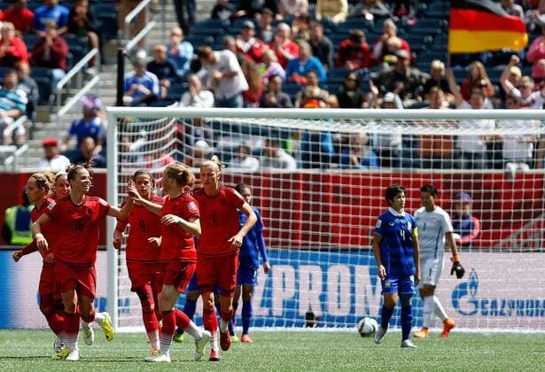 (150616) -- WINNIPEG, June, 2015 -- Khwanrudi Saengchan (3rd L) of Germany celebrates scoring during the Group B match between Germany and Thailand at the 2015 FIFA Women s World Cup in Winnipeg, Canada, June 15, 2015. Germany won 4-0. ) (SP)CANADA-WINNIPEG-FIFA WOMEN S WORLD CUP-GROUP B-GER VS THA WangxLili 