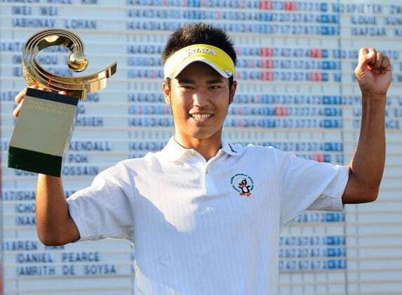 SAITAMA, Japan - Hideki Matsuyama, an 18-year-old Japanese amateur, celebrates after winning the Asian amateur golf championship at Kasumigaseki Country Club in Saitama Prefecture on Oct. 10, 2010. With the victory, Matsuyama earned a spot to be the first Japanese amateur to play in the 2011 U.S. Masters Tournament.  1010038