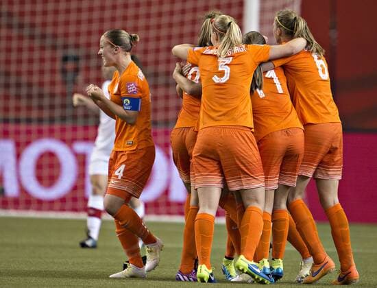 MONTREAL, June 15, 2015 -- Players of the Netherlands celebrate for scoring during the group A match against Canada at the 2015 FIFA Women s World Cup in Montreal, Canada, on June 15, 2015. The match ended with a 1-1 draw. ) (SP)CANADA-MONTREAL-FIFA-WOMEN S-WORLD-CUP-CANADA VS NETHERLANDS AndrewxSoong 