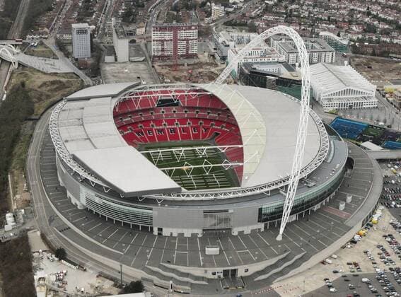 LONDON, Britain - Photo taken Jan. 8, 2012, from a helicopter chartered by Kyodo News shows Wembley Stadium in London, a venue for the soccer competition at the 2012 Olympic Games Olympische Spiele Olympia OS  0721036