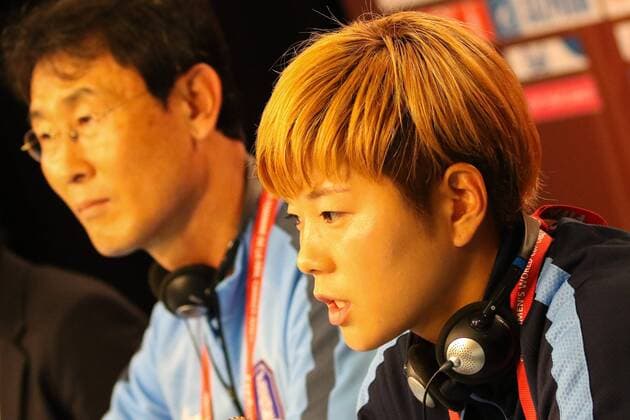 v.li.: Yoon Dukyeo (Trainer, KOR), Jeon Gaeul (KOR), Südkorea (Korea Republik, Republic), Fussball, FIFA Frauen-WM 2015, Pressekonferenzen, xozx