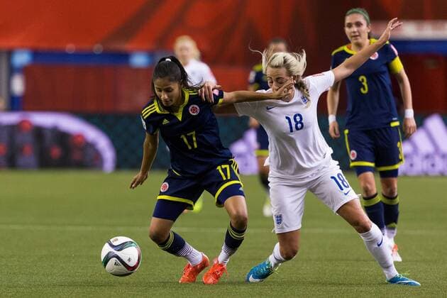 June 17, 2015 : Colombia midfielder Carolina Arias 17 and England forward Toni Duggan 18 fight for the ball during the 2015 FIFA Women s World Cup Group F match between England and Colombia at the Olympic Stadium in Montreal, Quebec, Canada. SOCCER: JUN 17 FIFA Women s World Cup - Group F - England v Colombia Icon15061714 EDITORIAL USE ONLY