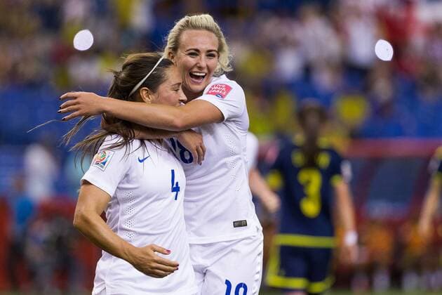 June 17, 2015 : England midfielder Fara Williams 4 celebrates a goal with teammate forward Toni Duggan 18 during the 2015 FIFA Women s World Cup Group F match between England and Colombia at the Olympic Stadium in Montreal, Quebec, Canada. SOCCER: JUN 17 FIFA Women s World Cup - Group F - England v Colombia Icon15061716 EDITORIAL USE ONLY