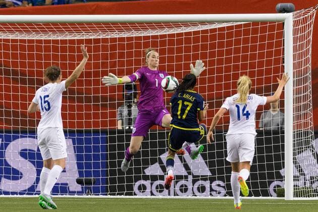 June 17, 2015 : England goalkeeper Karen Bardsley 1 makes a save on Colombia midfielder Carolina Arias 17 during the 2015 FIFA Women s World Cup Group F match between England and Colombia at the Olympic Stadium in Montreal, Quebec, Canada. SOCCER: JUN 17 FIFA Women s World Cup - Group F - England v Colombia Icon15061717 EDITORIAL USE ONLY