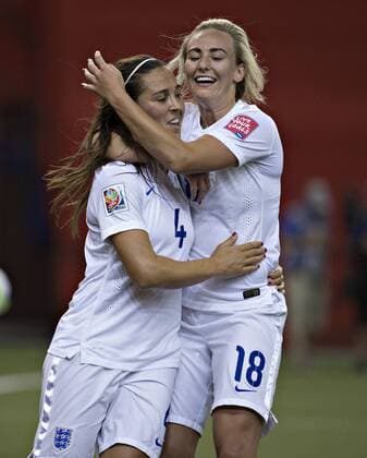 MONTREAL, June 17, 2015 -- England s Fara Williams (L) celebrates her goal with teammate Toni Duggan against Colombia during the Group F match at the 2015 FIFA Women s World Cup in Montreal, Canada, on June 17, 2015. England won 2-1. ) (SP)CANADA-MONTREAL-FIFA WOMEN S WORLD CUP-ENGLAND VS COLOMBIA AndrewxSoong 