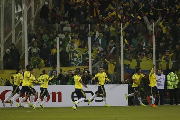 SANTIAGO, June 17, 2015 -- Jeison Murillo (below, 3rd r) of Colombia celebrates scoring against Brazil during the Group C match of the Copa America Chile 2015, at the Estadio Monumental, in Santiago, Chile, on June 17, 2015. ) (ce) (SP)CHILE-SANTIAGO-COPA AMERICA-BRAZIL VS COLOMBIA JorgexVillegas 