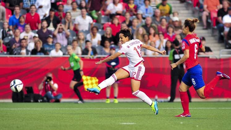June 17, 2015: Midfielder Marta Corredera ( 12) of Spain shoots at goal during the FIFA 2015 Women s World Cup Group E match between Korea and Spain at Lansdowne Stadium in Ottawa, Canada. Korea recovered from a 1-0 deficit at half time to win 2-1 and progress to the knockout stages. SOCCER: JUN 17 FIFA Women s World Cup - Group E - Korea v Spain Icon15061700010 EDITORIAL USE ONLY