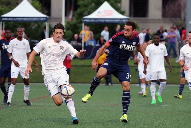 June 17, 2015: Charlotte Independence midfielder Paolo Del Piccolo (36) arrives to pressure New England Revolution defender Kevin Alston (30). The Charlotte Independence defeated the New England Revolution MLS Fussball Herren USA 1-0 in a fourth round Lamar Hunt US Open Cup match at Harvard s Soldiers Field Soccer Stadium SOCCER: JUN 17 US Open Cup - Fourth Round - Charlotte Independence at Revolution Icon482150617008 EDITORIAL USE ONLY