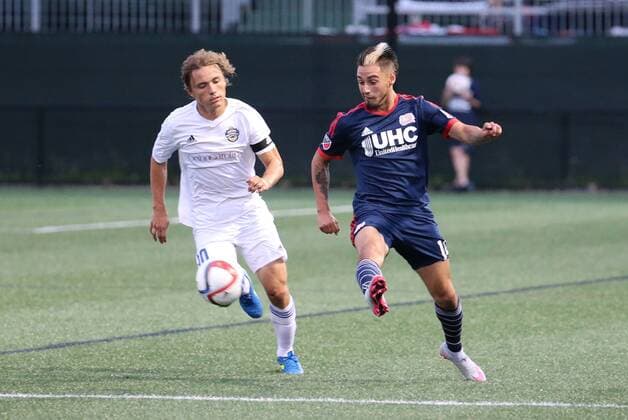 June 17, 2015: New England Revolution midfielder Diego Fagundez (14) plays a ball away from Charlotte Independence midfielder Jorge Herrera (10). The Charlotte Independence defeated the New England Revolution MLS Fussball Herren USA 1-0 in a fourth round Lamar Hunt US Open Cup match at Harvard s Soldiers Field Soccer Stadium SOCCER: JUN 17 US Open Cup - Fourth Round - Charlotte Independence at Revolution Icon482150617020 EDITORIAL USE ONLY