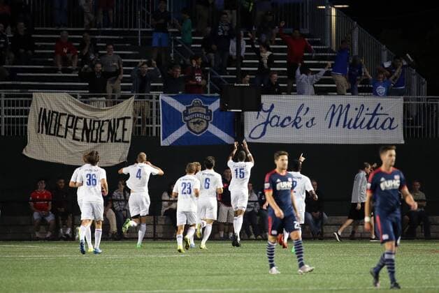 June 17, 2015: Charlotte celebrates the goal from Charlotte Independence midfielder Jorge Herrera (10) with their traveling fans. The Charlotte Independence defeated the New England Revolution MLS Fussball Herren USA 1-0 in a fourth round Lamar Hunt US Open Cup match at Harvard s Soldiers Field Soccer Stadium SOCCER: JUN 17 US Open Cup - Fourth Round - Charlotte Independence at Revolution Icon482150617025 EDITORIAL USE ONLY