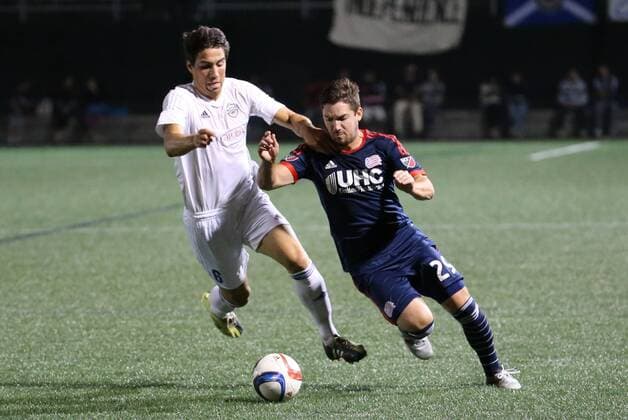 June 17, 2015: New England Revolution midfielder Tyler Rudy (29) tries to get past Charlotte Independence defender Andrew Ribeiro (6). The Charlotte Independence defeated the New England Revolution MLS Fussball Herren USA 1-0 in a fourth round Lamar Hunt US Open Cup match at Harvard s Soldiers Field Soccer Stadium SOCCER: JUN 17 US Open Cup - Fourth Round - Charlotte Independence at Revolution Icon482150617028 EDITORIAL USE ONLY
