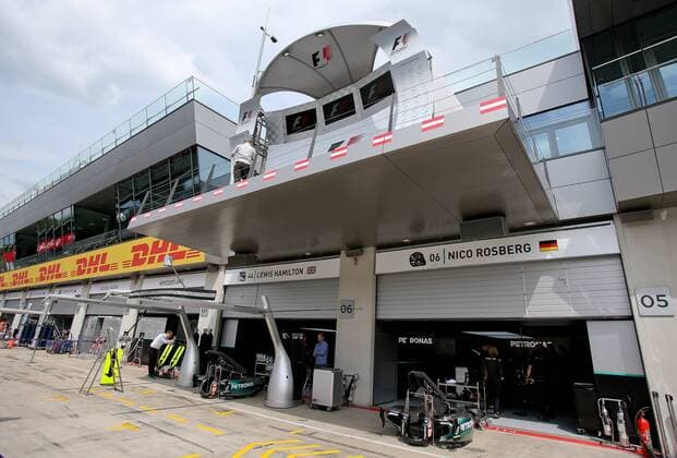 FORMULA 1 - GP of Austria 2015 SPIELBERG,AUSTRIA,18.JUN.15 - MOTORSPORTS, FORMULA 1 - Grand Prix of Austria, Red Bull Ring, preview. Image shows the garage of Nico Rosberg (GER) and Lewis Hamilton (GBR Mercedes GP) and the podium. GEPAxpictures xChristianxWalgram