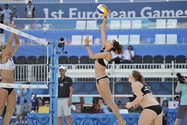 European Games Baku BAKU,AZERBAIJAN,19.JUN.15 - European Games Baku, Beach volleyball Beachvolleyball women. Image shows Lena Maria Plesiutschnig and Katharina Schuetzenhoefer (AUT). GEPAxpictures xM.xHoermandinger