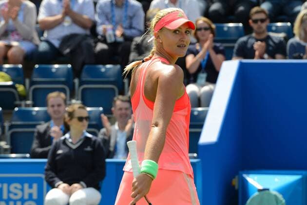 June 19, 2015 - Birmingham, England - KRISTINA MLADENOVIC of France celebrates her victory in her quarterfinals match v. S. Halep at the Aegon Classic tennis tournament in Birmingham England on Friday June 19 20215 Tennis 2015 - Aegon Classic - Day 7 - ZUMAl132