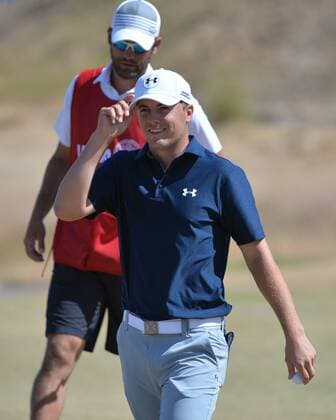 Jordan Spieth tips his hat coming off the 17th green in the second round of the 115th U.S. Open Championship at Chambers Bay on June 19, 2015 in University Place, Washington.  SEA20150619025 KEVINxDIETSCH