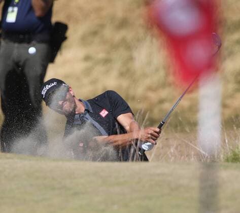 Dustin Johnson hits from a bunker on the sixth green in the second round of the 115th U.S. Open Championship at Chambers Bay on June 19, 2015 in University Place, Washington.  SEA20150619049 JIMxBRYANT