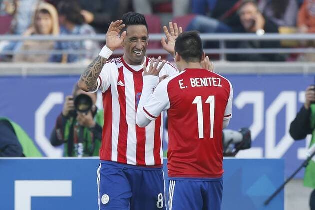 Football , Uruguay v Paraguay Copa America 2015 . Paraguay s Lucas Barrios, left, celebrates his goal against Uruguay during the match of group B of the 2015 Copa America at La Serena stadium. Rancagua, Chile. 20 06 2015 Marcelo Hernandez Photosport Uruguay v Paraguay, Copa America 2015. 