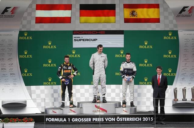 MOTORSPORTS - Porsche Super Cup 2015 SPIELBERG,AUSTRIA,21.JUN.15 - MOTORSPORTS - Porsche Supercup, Red Bull Ring, award ceremony. Image shows Philipp Eng (AUT), Christopher Zoechling (GER) and Alex Riberas (ESP). GEPAxpictures xChristianxWalgram