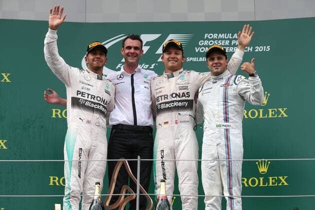 Motorsports: FIA Formula One World Championship WM Weltmeisterschaft 2015, Grand Prix of Austria, 44 Lewis Hamilton (GBR, Mercedes AMG Petronas Formula One Team), Howard Thomas (Mercedes AMG Petronas Formula One Team), 6 Nico Rosberg (GER, Mercedes AMG Petronas Formula One Team), 19 Felipe Massa (BRA, Williams Martini Racing), xHOCHxZWEIx